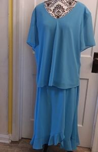 J.B.S LTD. JBS Limited Vintage Aqua  2 PcTopVNeck & Skirt Bottom Ruffle Size 26W